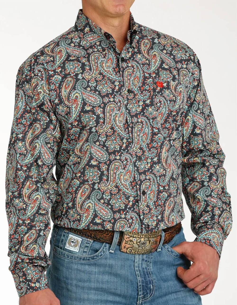 NEW CINCH paisley cinch long sleeve shirt in navy